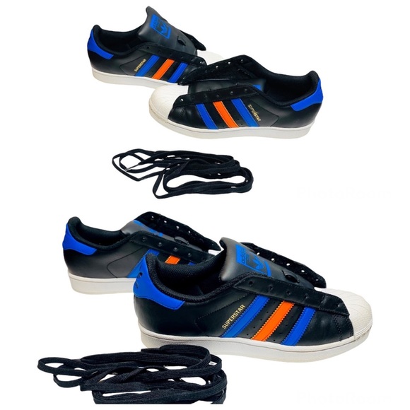 Adidas Superstar Sneakers. Colors: Black, Blue, Orange with gold Superstar logo. - Picture 1 of 5